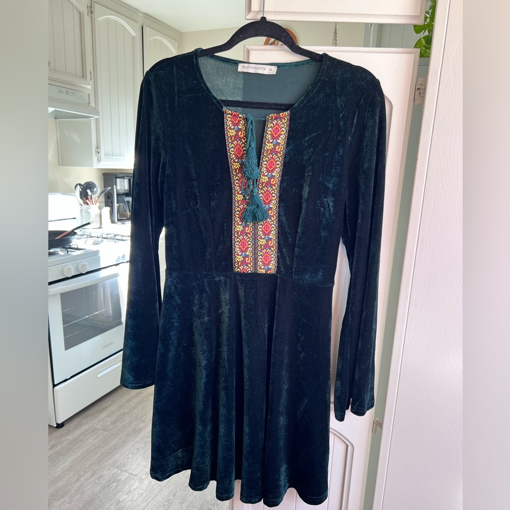 Forest Green Crushed Velvet Long Sleeve Mini Dress Medium
